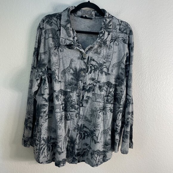 Jane Delancey Womens Plus 3X Button Up Shirt Gray Jungle Print Long Sleeve Top - Picture 6 of 9